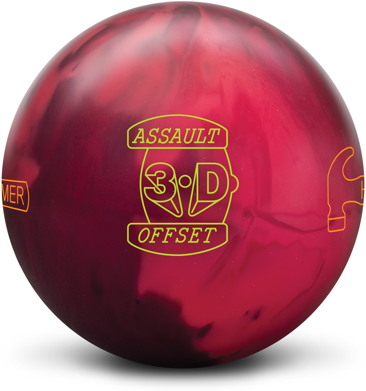 A red, cherry, and dark red bowling ball with the 3-D Offset Assault logo in yellow and the Hammer brand logo in orange on either sides.