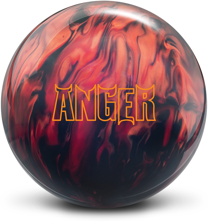 A bowling ball with black, red, and caramel colors and the Anger logo in orange centered prominently.