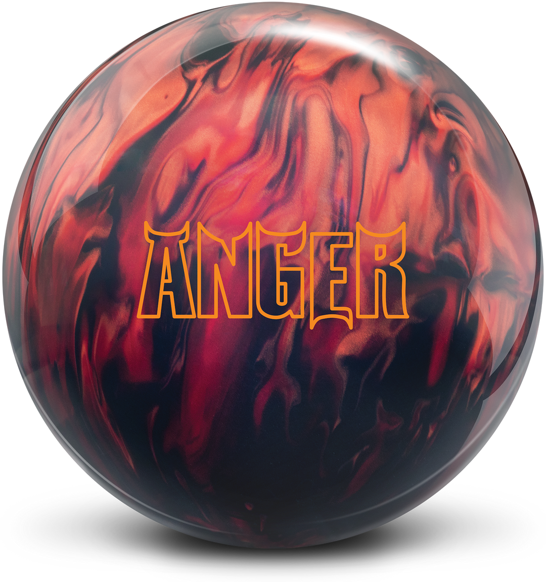 A bowling ball with black, red, and caramel colors and the Anger logo in orange centered prominently.