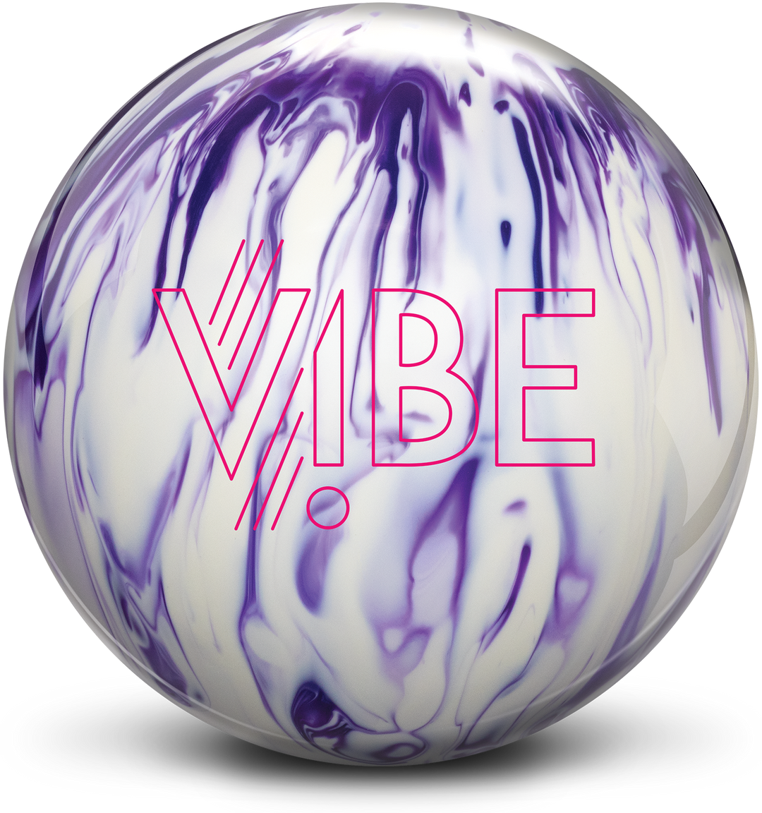 A white and purple colored bowling ball with the VIBE logo in red centered prominently.