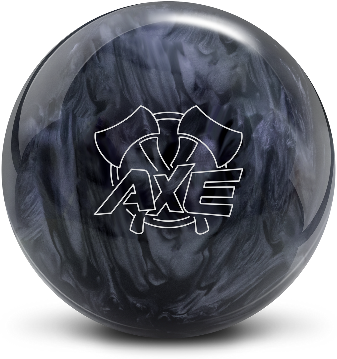 A bowling ball with a swirl pattern in shades of grey and black, featuring the AXE logo in white prominently in the center.
