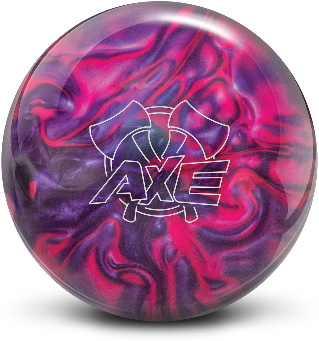 A bowling ball with a swirl pattern in shades of purple and pink, featuring the AXE logo in white prominently in the center.