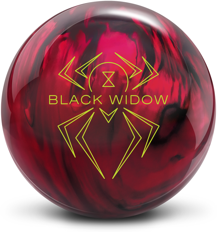 A red and black colored bowling ball with the Black Widow logo in yellow centered prominently.
