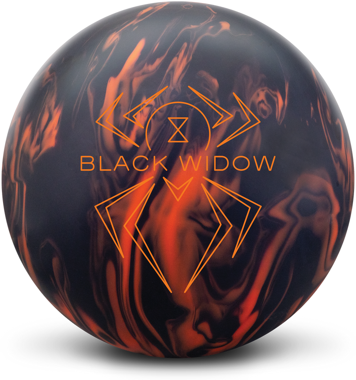 A black and orange colored bowling ball with the Black Widow logo in orange centered prominently.