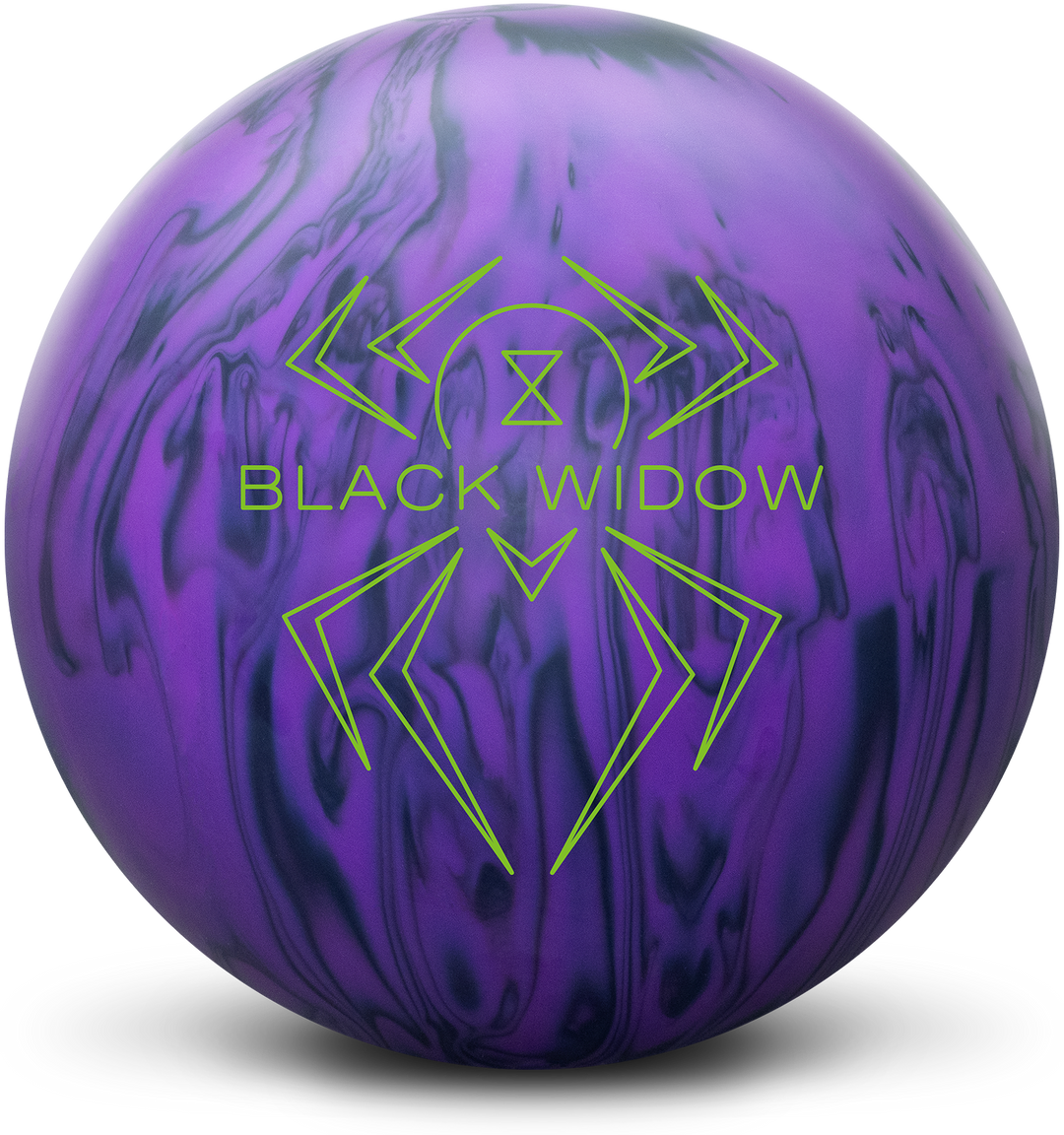 An ultraviolet purple and black colored bowling ball with the Black Widow logo in neon green centered prominently.