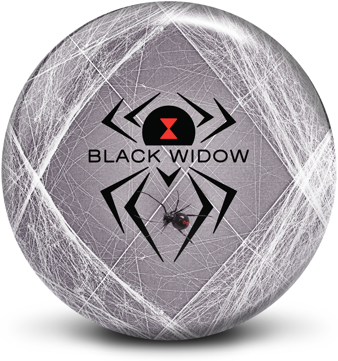 A grey colored bowling ball with a spider web graphic with the Black Widow logo prominently in the center with a black widow spider crawling on the lower part of the logo.