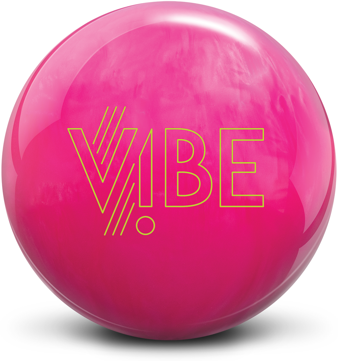 A bowling ball with a hot pink color and the VIBE logo in yellow.