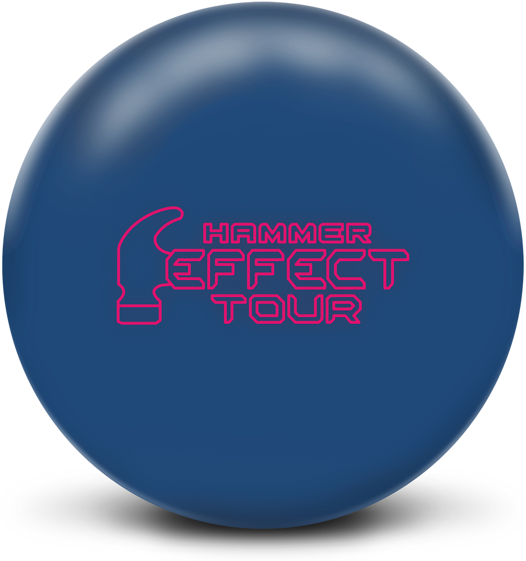 A blue colored bowling ball with the Hammer Effect Tour logo in magenta centered prominently.