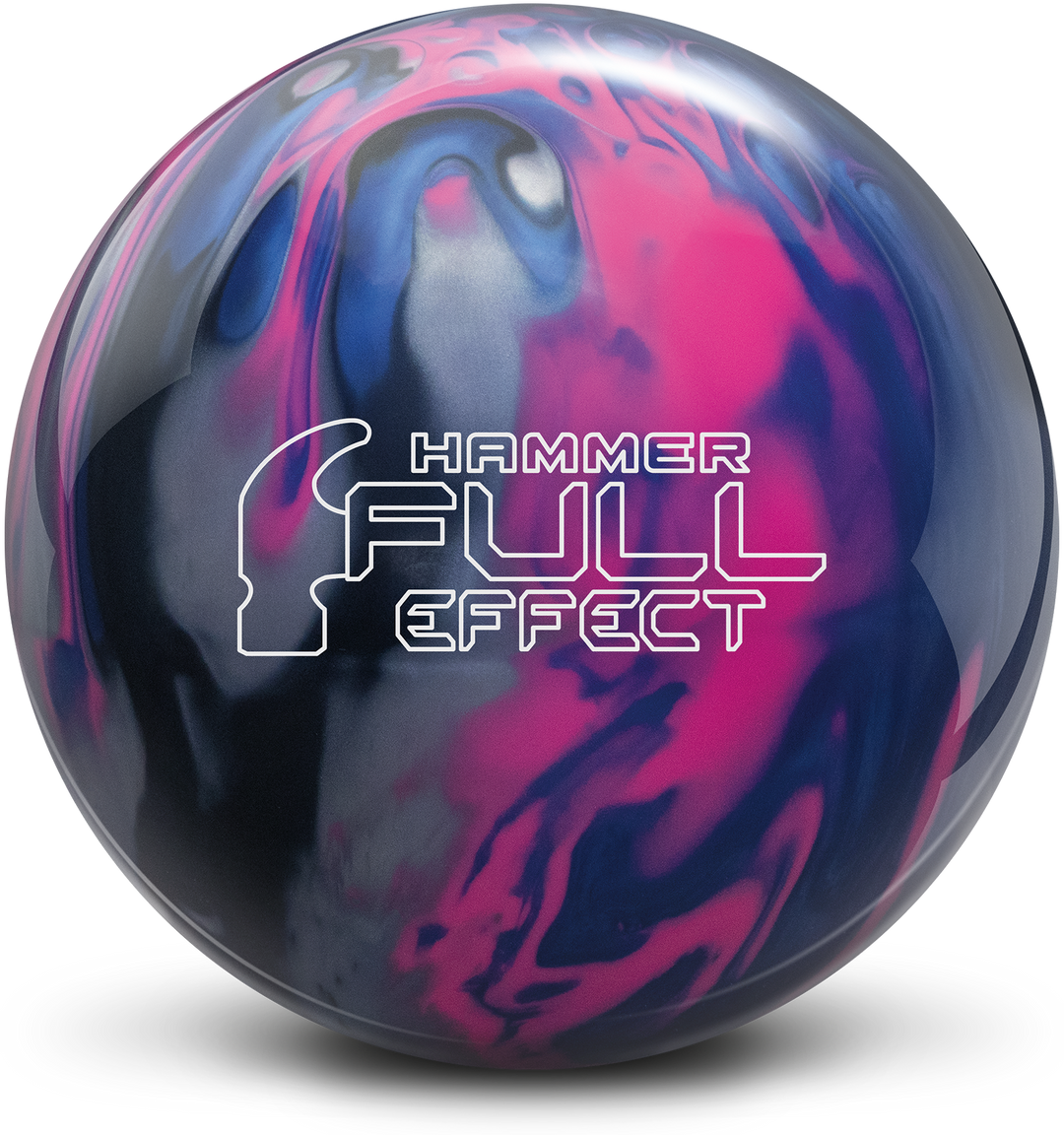 A purple, pink, silver, and black colored bowling ball with the Hammer Full Effect logo in white centered prominently.