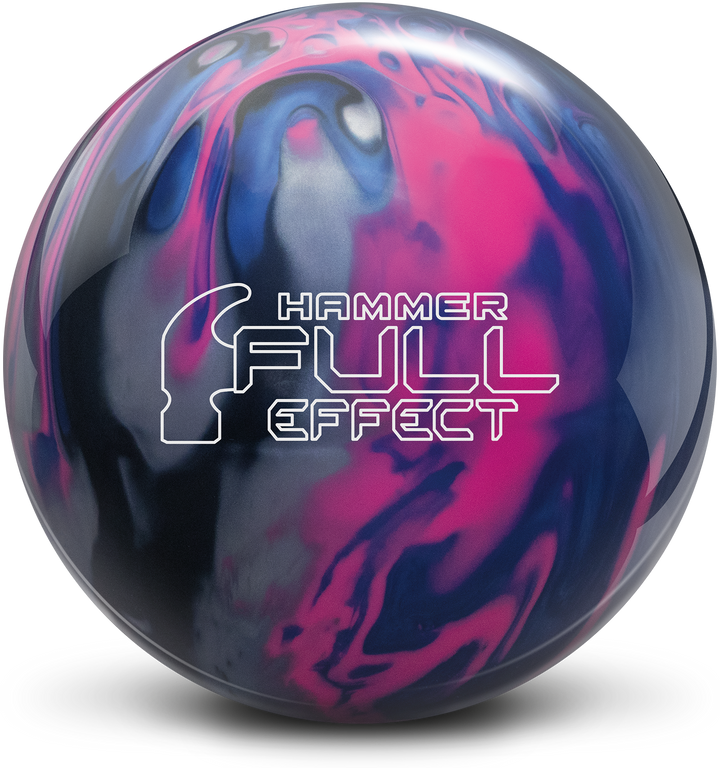 A purple, pink, silver, and black colored bowling ball with the Hammer Full Effect logo in white centered prominently.