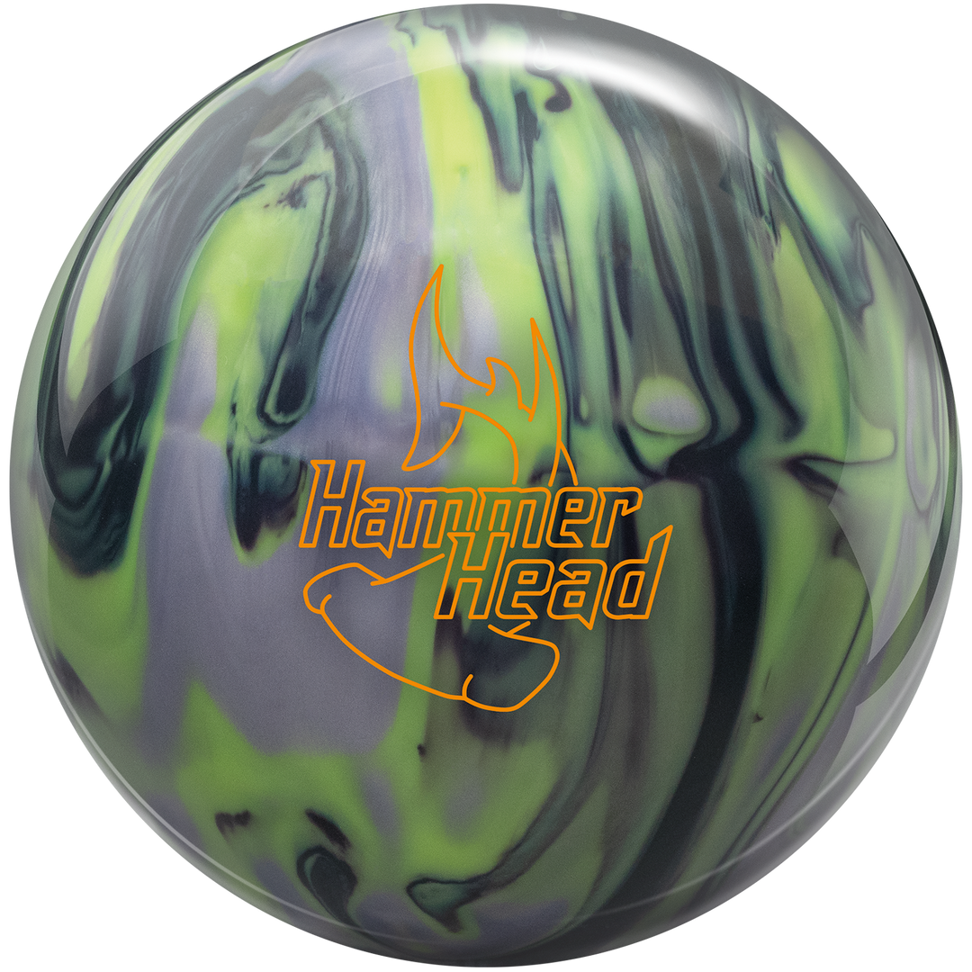 An onyx black, silver, and yellow colored bowling ball with the Hammerhead logo in orange centered prominently.
