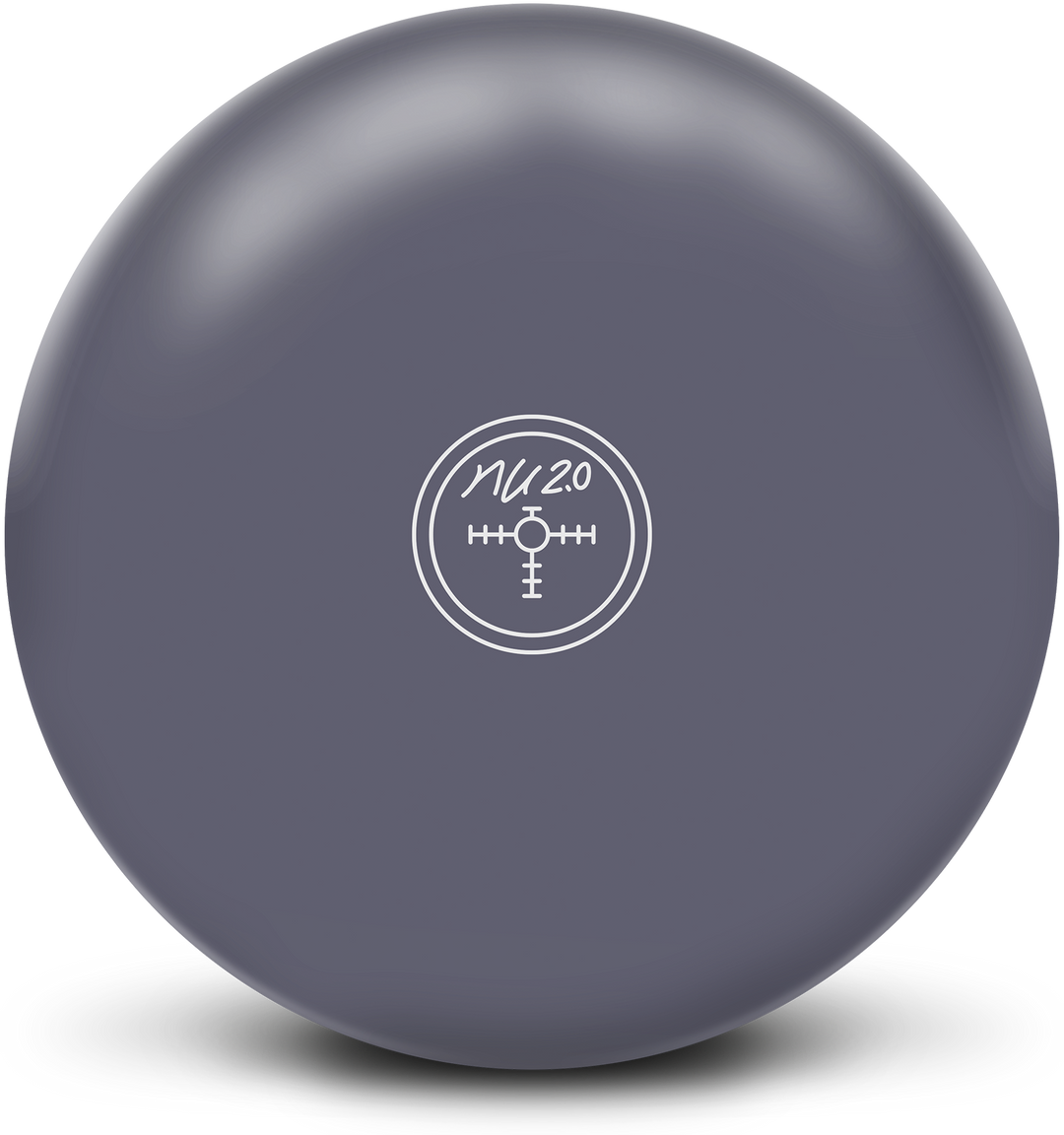 A matte grey colored bowling ball with the NU 2.0 center of gravity marker in white centered prominently.