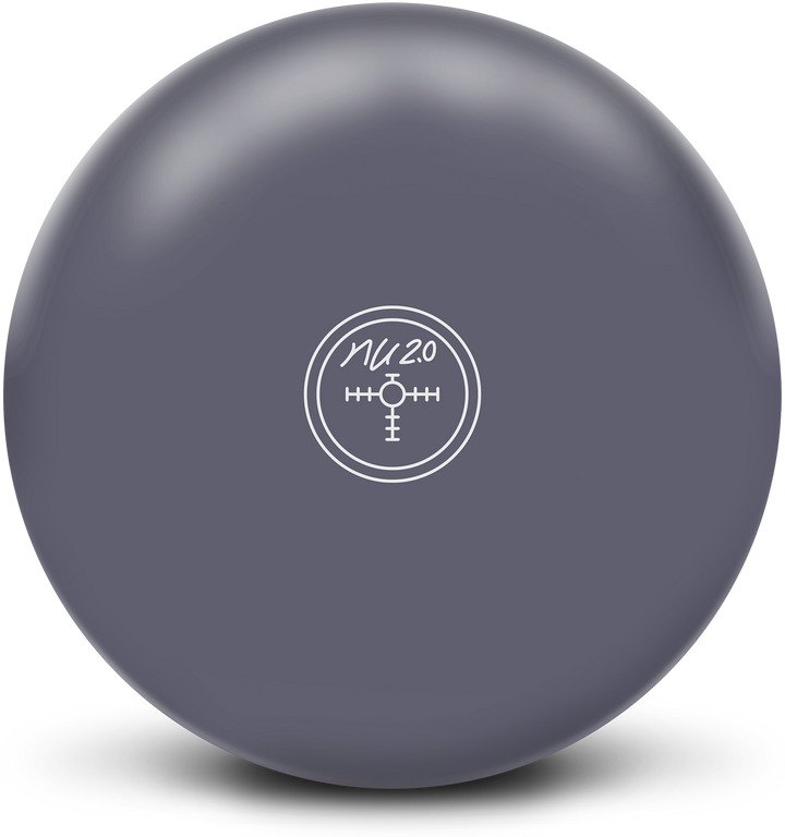 A matte grey colored bowling ball with the NU 2.0 center of gravity marker in white centered prominently.