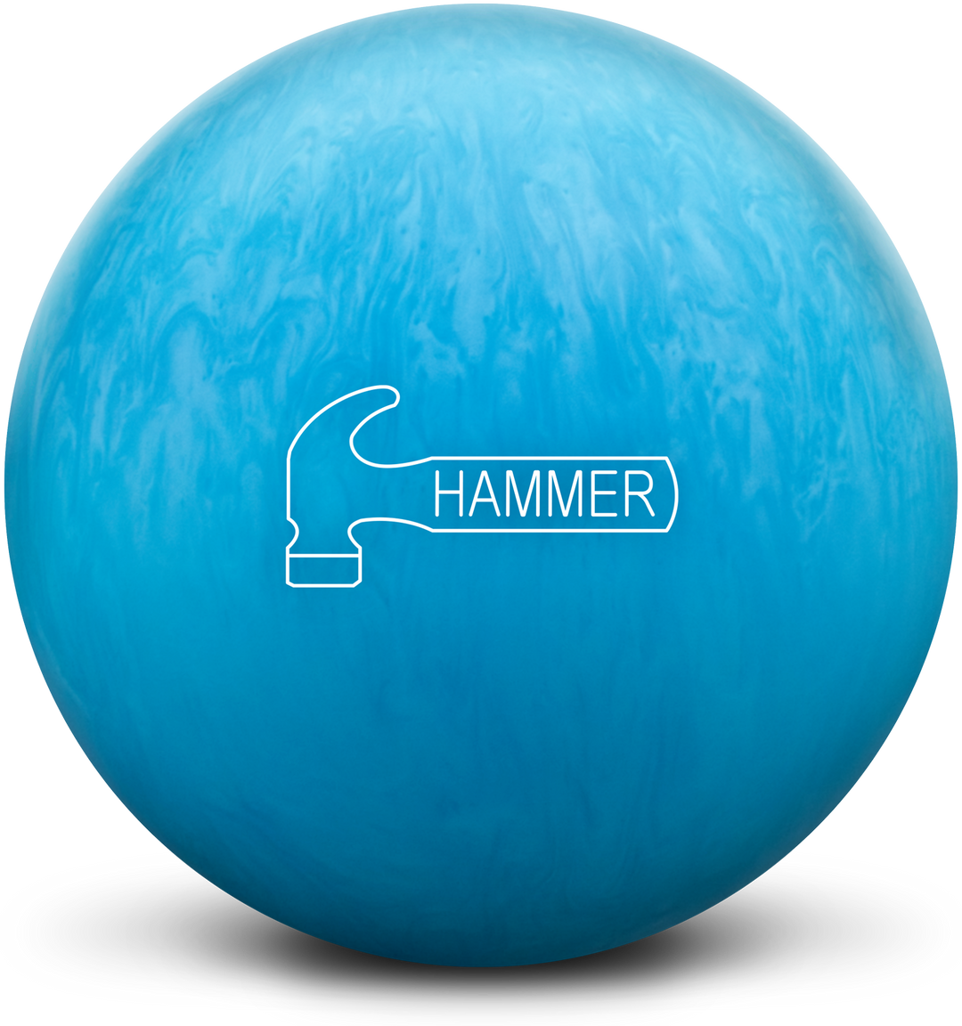A light and dark blue colored bowling ball with the Hammer logo in white centered prominently.