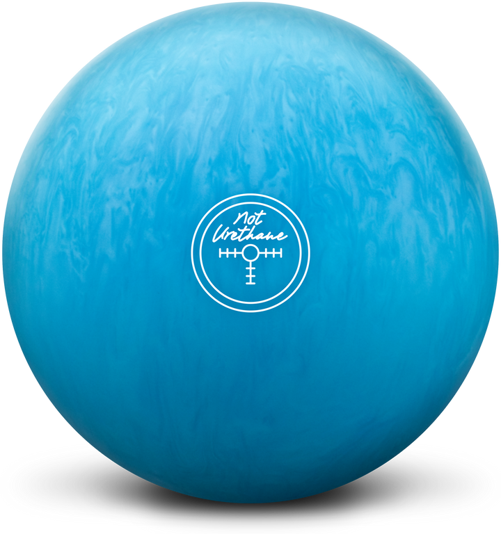 A light and dark blue colored bowling ball with the Not Urethane center of gravity marker in white centered prominently.
