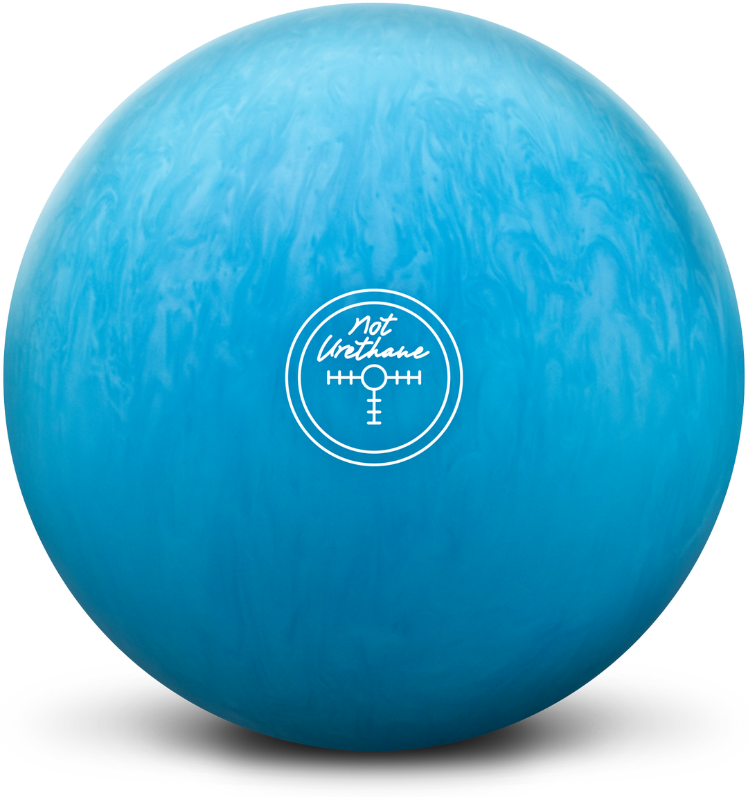 A light and dark blue colored bowling ball with the Not Urethane center of gravity marker in white centered prominently.