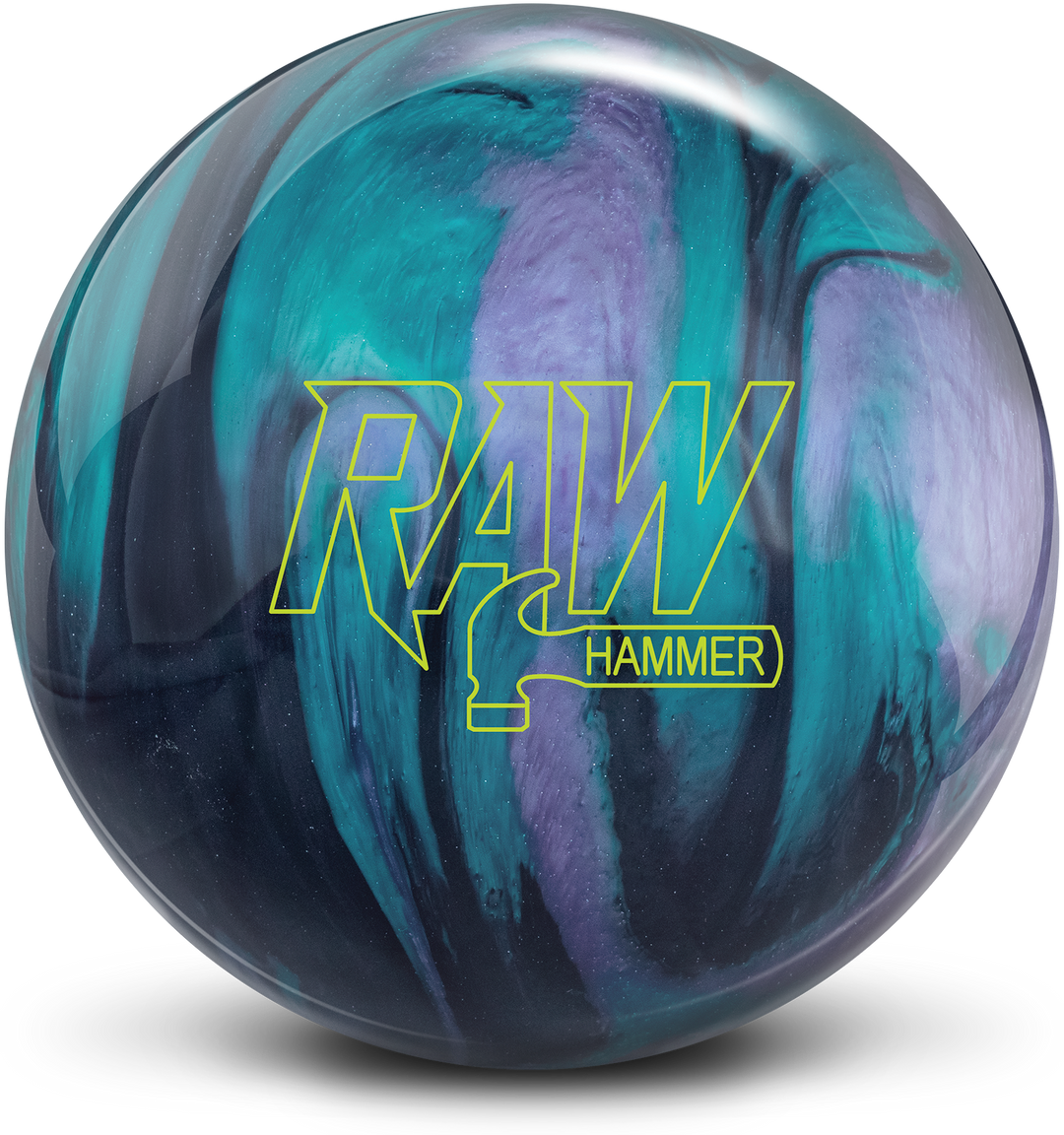 A bowling ball with black, purple, and teal colors, featuring the Raw Hammer logo in yellow-green.