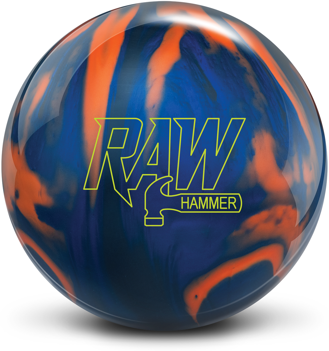 A blue, black and orange colored bowling ball with the Raw Hammer logo in yellow green.