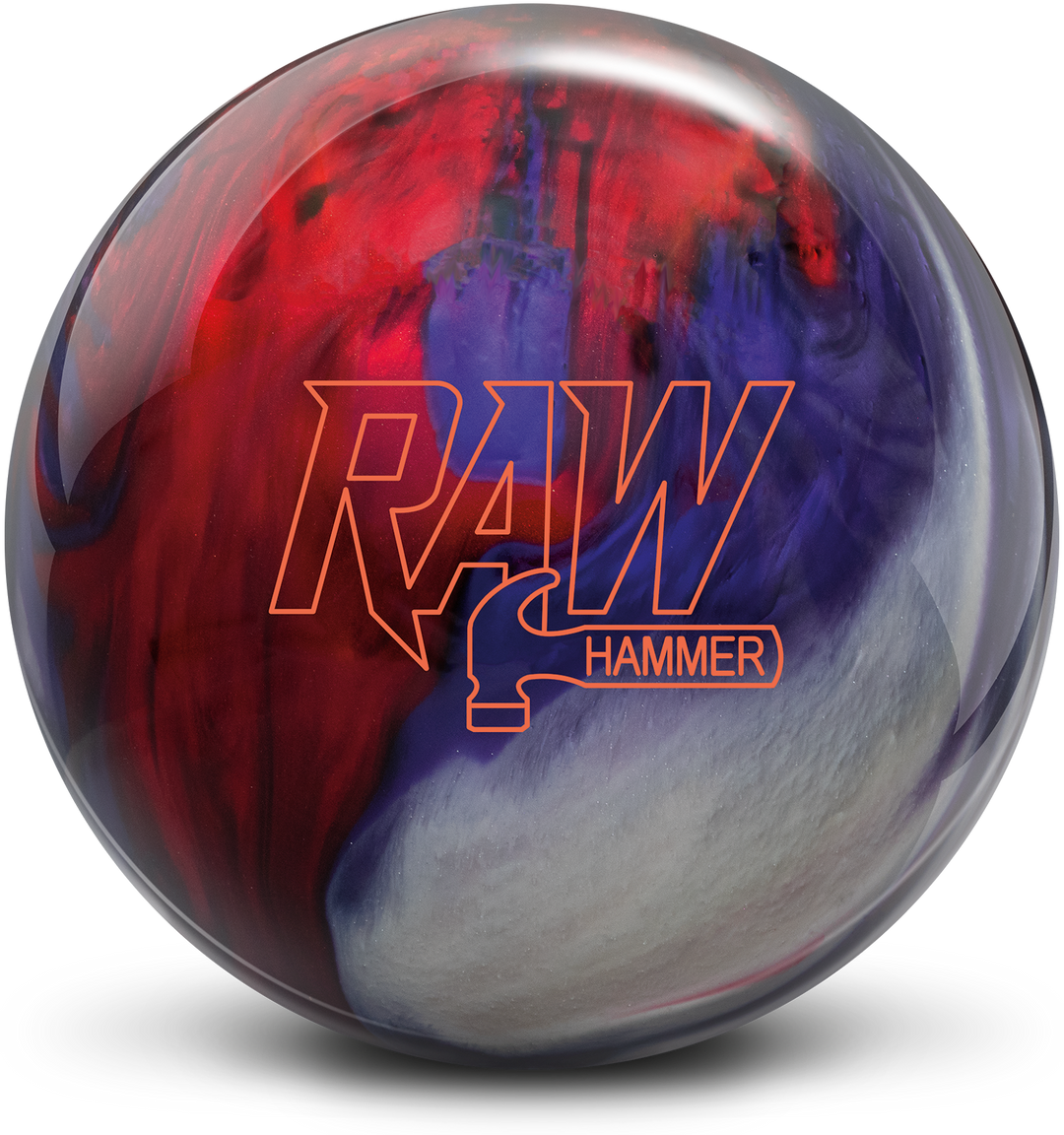 A red, white, and purple colored bowling ball with the Raw Hammer logo in orange centered prominently.