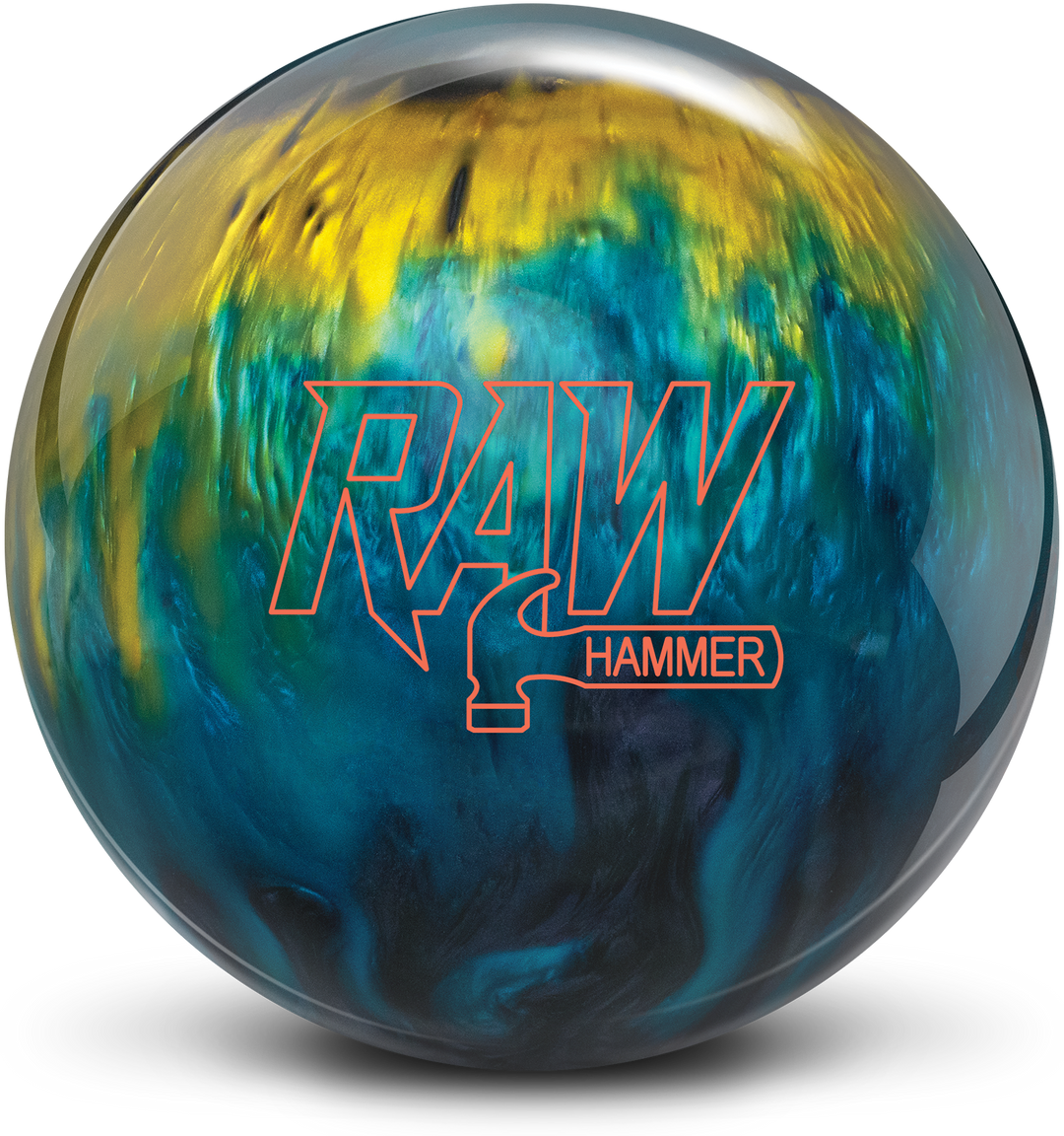 A bowling ball with a pearl finish, featuring a blend of smoke, blue and gold colors, and the &