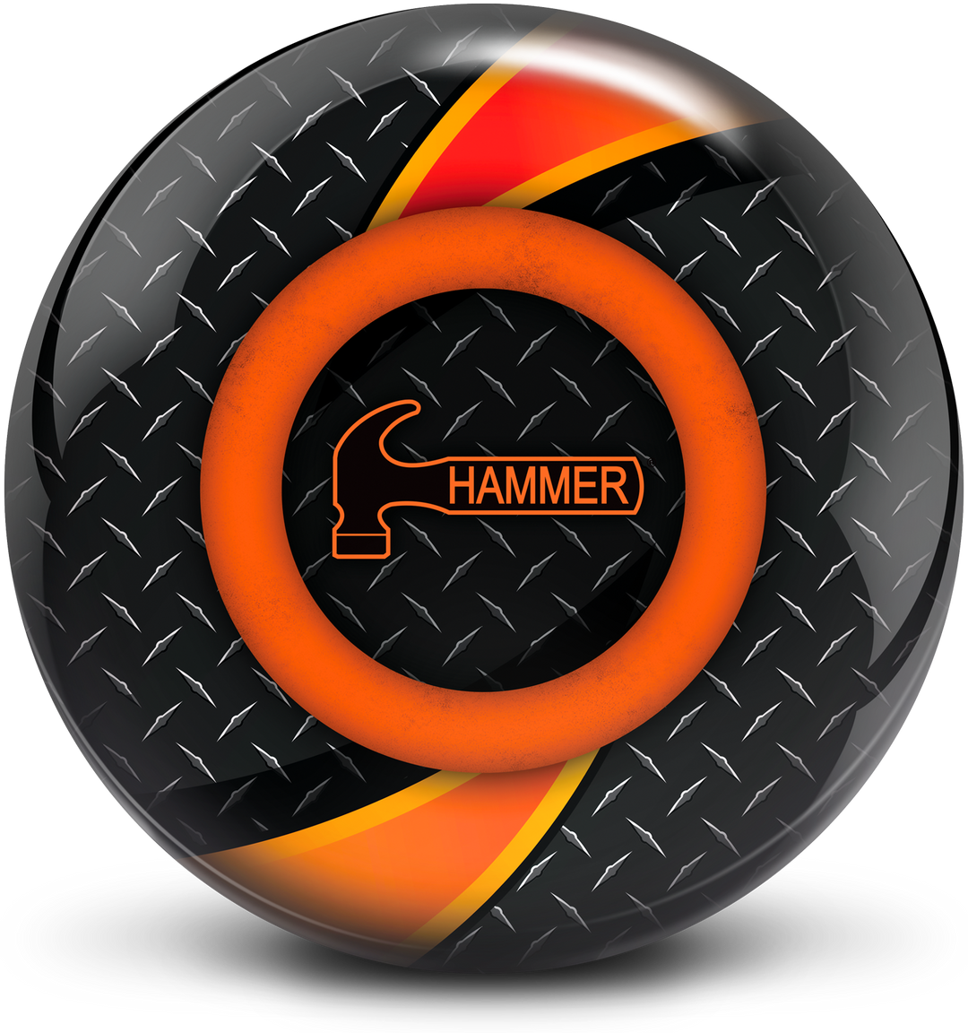 A black bowling ball with a diamond plate pattern in the background with two triangular shaped shapes in orange with  thick yellow strokes on the edges and an orange ring in the middle with the orange and black Hammer logo centered prominently.